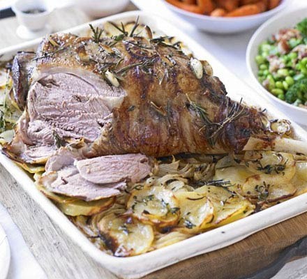 Garlic & herb roast lamb on boulangère potatoes recipe 
