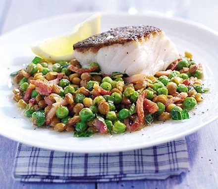 Braised peas with bacon, lentils & cod recipe