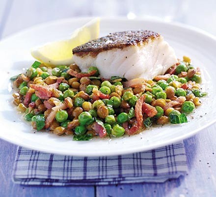 Braised peas with bacon, lentils & cod recipe 