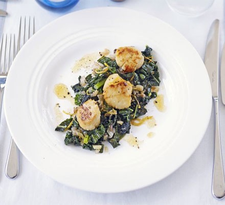 Seared scallops with flavoured greens recipe 