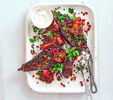 Spice-crusted aubergines & peppers with pilaf recipe
