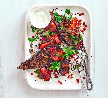 Spice-crusted aubergines & peppers with pilaf recipe 