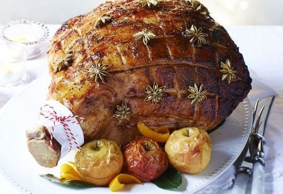 Sticky maple-glazed ham with baked apple sauce recipe