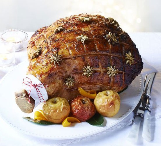 Sticky maple-glazed ham with baked apple sauce recipe 
