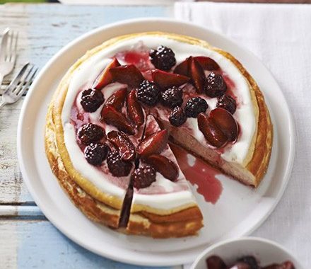 Lemon cheesecake with baked plums & blackberries recipe