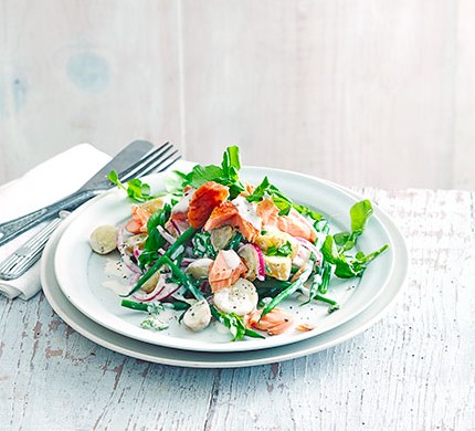 Hot smoked salmon with new potatoes & watercress recipe 