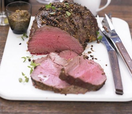 Spiced roast beef with red wine gravy recipe