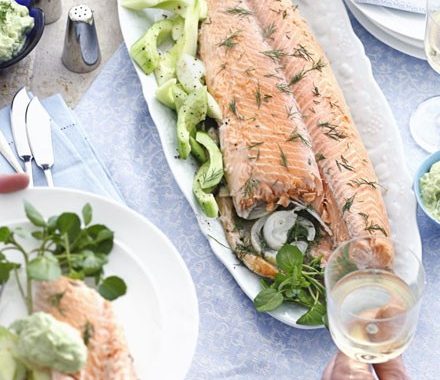 Foil-poached salmon with dill & avocado mayo recipe