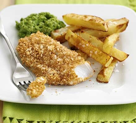 Crispy fish & chips with mushy peas recipe 