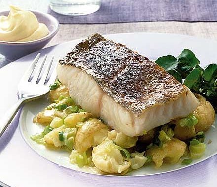 Grilled fish with new potato & spring onion crush recipe