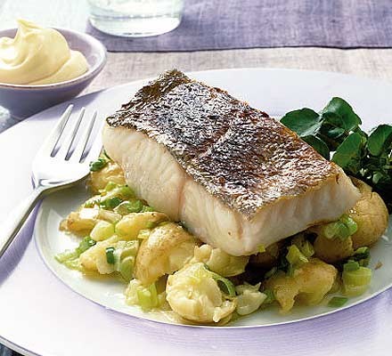Grilled fish with new potato & spring onion crush recipe 