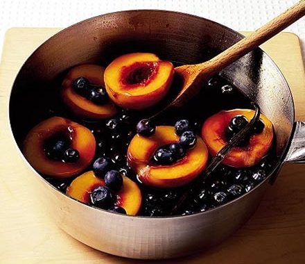 Caramel poached peaches with blueberries recipe
