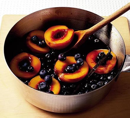 Caramel poached peaches with blueberries recipe 