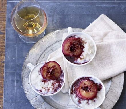 Creamy rice pudding with stewed plums recipe
