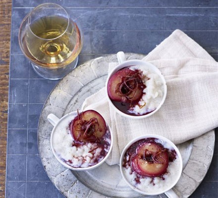 Creamy rice pudding with stewed plums recipe 
