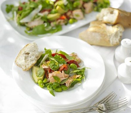 Roasted salmon, pepper & broad bean salad recipe