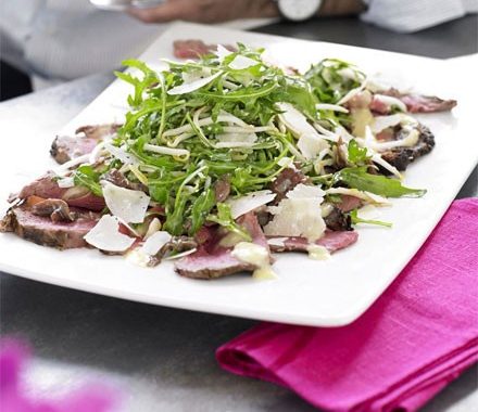 Rare beef & anchovy salad with rocket & caesar dressing recipe