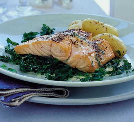 Grilled salmon with kale & vermouth sauce recipe 