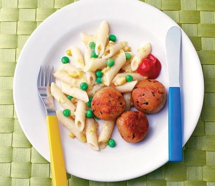 Tuna balls with pea & sweetcorn pasta recipe