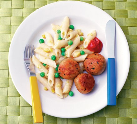 Tuna balls with pea & sweetcorn pasta recipe 
