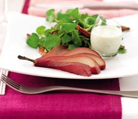 Mulled pears with Roquefort dressing recipe