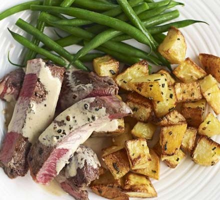 Beef with peppercorn sauce & sauté potatoes recipe 