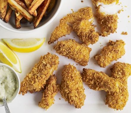 Crunchy fish goujons with skinny chips recipe