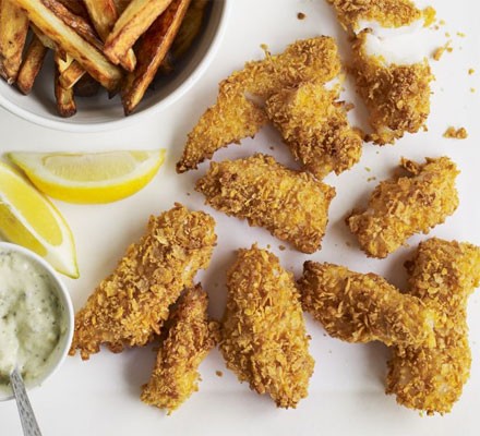 Crunchy fish goujons with skinny chips recipe 
