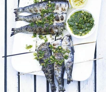 Skewered sardines with tartare dressing recipe