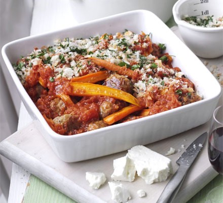 Saucy meatball & carrot bake with crispy feta crumbs recipe 