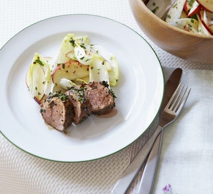 Herby pork with apple & chicory salad recipe 