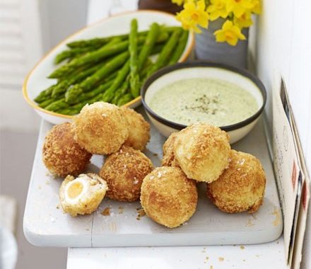 Mini smoked haddock scotch eggs with asparagus dippers & watercress mayonnaise recipe