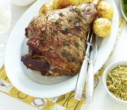 Roast lamb with spring herb crumbs recipe