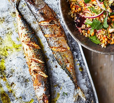 Roast mackerel with beet & spelt salad recipe