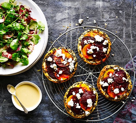 Spiced beetroot & feta tarts with tahini-dressed leaves recipe 