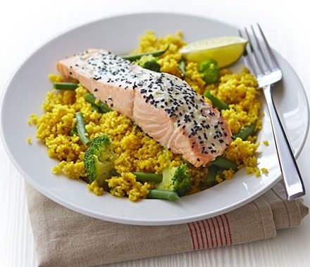 Basil & coconut salmon with spiced couscous recipe