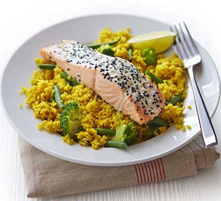 Basil & coconut salmon with spiced couscous recipe 