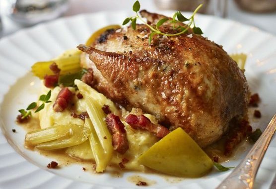 Partridge in cider with apples & celery recipe