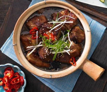 Red braised ginger pork belly with pickled chillies recipe