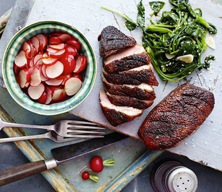 Sticky duck with Chinese pickled radishes recipe