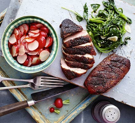 Sticky duck with Chinese pickled radishes recipe 