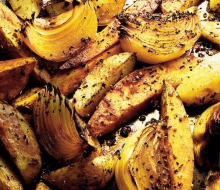 Asian-style baked onions, potatoes & sweet potatoes recipe