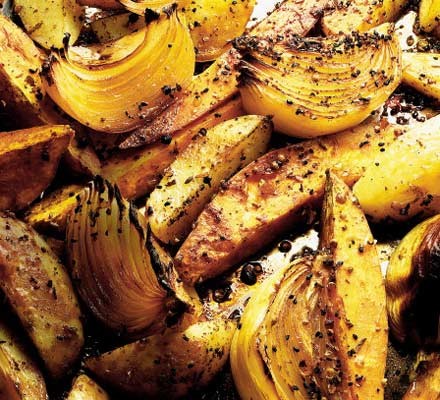 Asian-style baked onions, potatoes & sweet potatoes recipe 