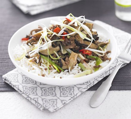 Spicy beef, shiitake & aubergine stir-fry recipe 